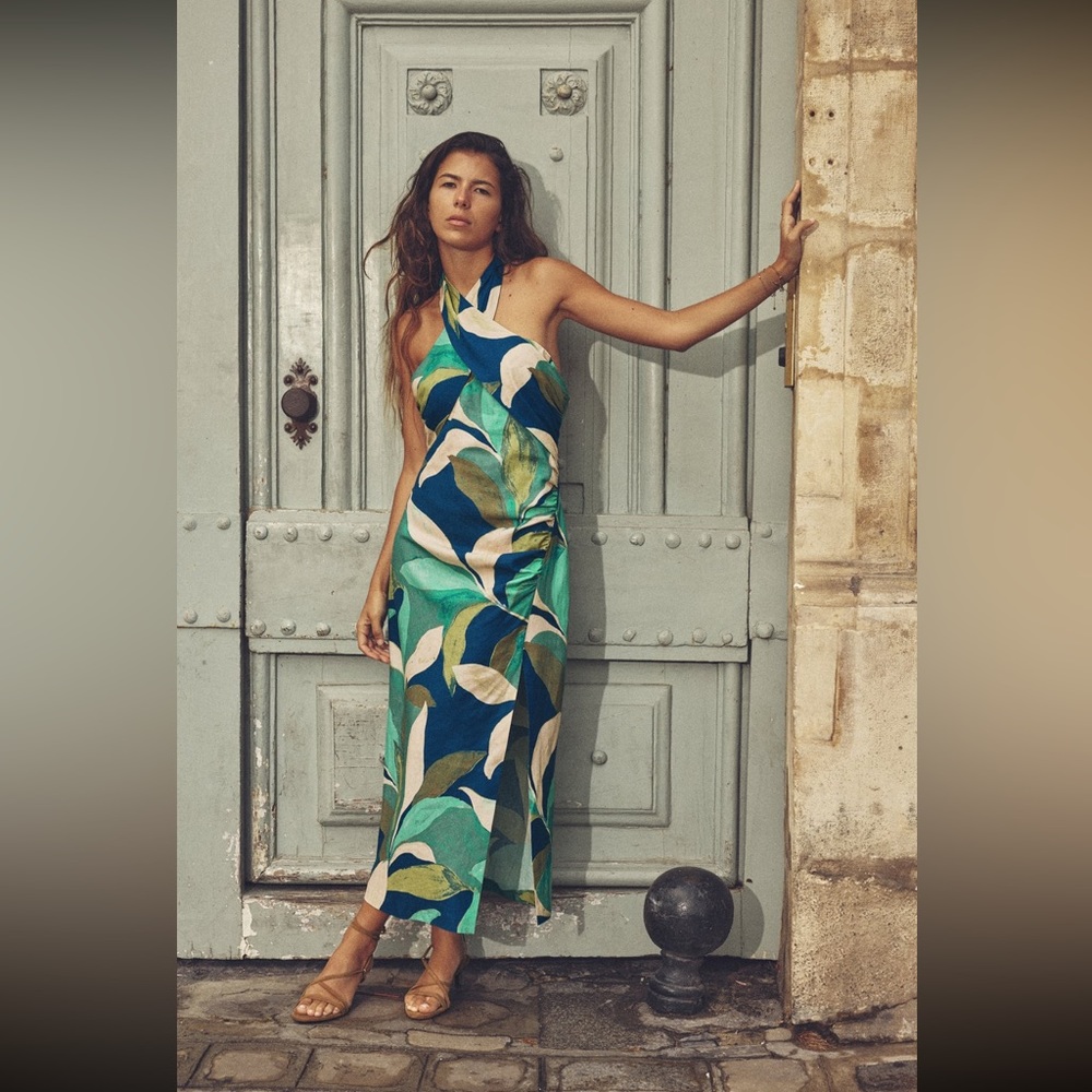 Zara Linen Blend Printed Midi Dress